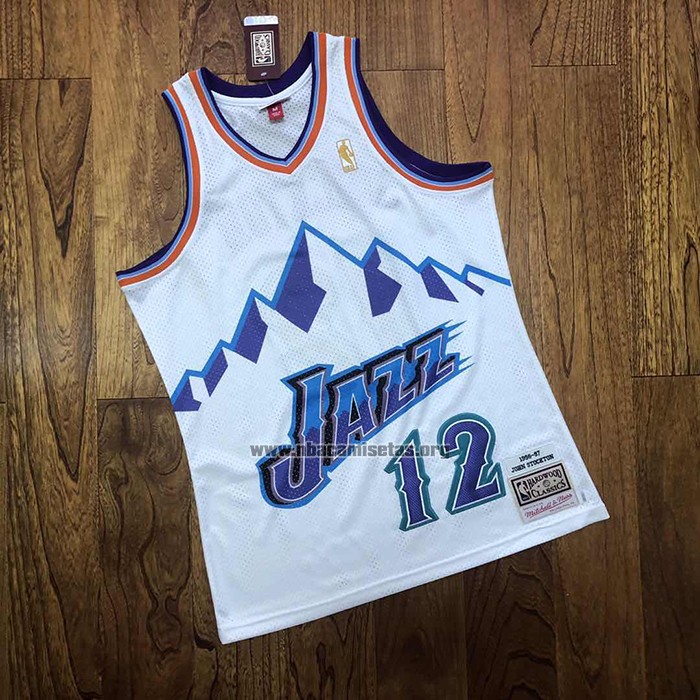 Camiseta Utah Jazz John Stockton NO 12 Hardwood Classics Throwback 1996-97 Blanco